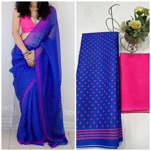 Soft Munga Kota Cotton Checks Saree with Beautiful Prints & Contrast Blouse